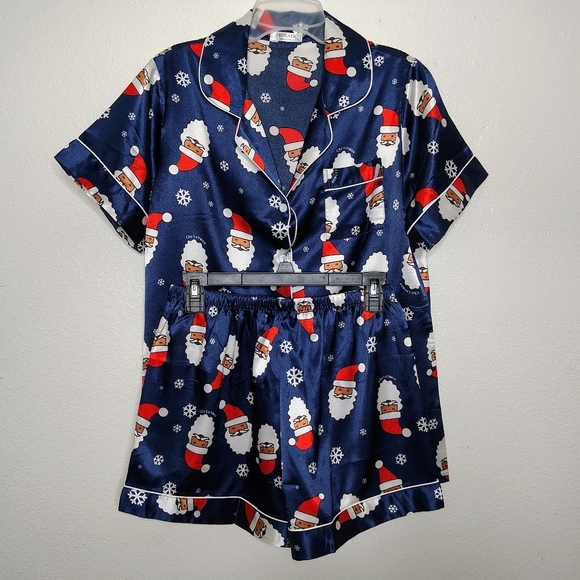 NWOT Ekouaer Navy Blue Santa Claus Print Satin Pajama Set Blouse & Shorts Sz S - Picture 2 of 15